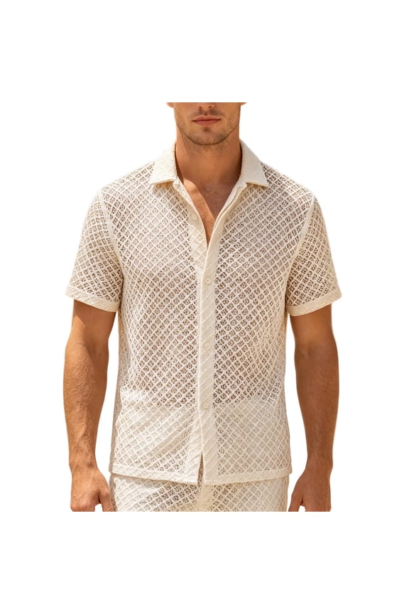 Men's Mesh Knit Camp Collar Shirt, Allover Geometric Pattern, Short Sleeve Button-Down Cover-Up Top Beige M