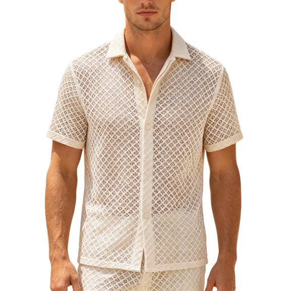 YLSDY Men's Mesh Knit Camp Collar Shirt, Allover Geometric Pattern, Short Sleeve Button-Down Cover-Up Top Beige S