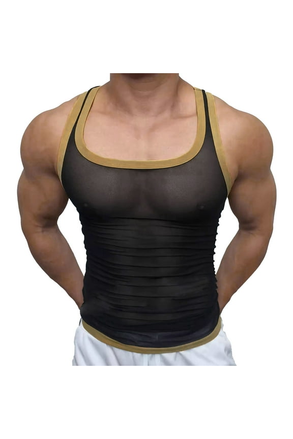 Men's Mesh Sheer Tank Summer Vest,Sleeveless Workout Gym Casual Slim Pullover,Crew Neck Beach Muscle Tank Tops Black S