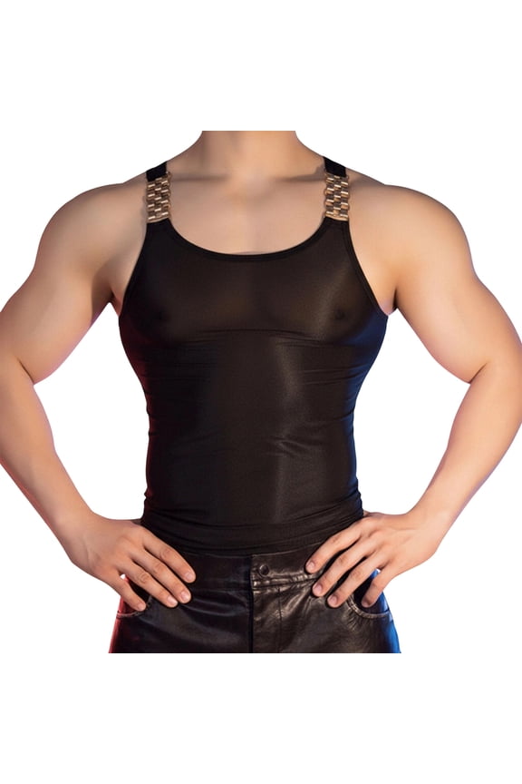 Men's Metal Chain Strap Camisole, Trendy Slim Fit Sleeveless Top with Decorative Hardware Black XXXL