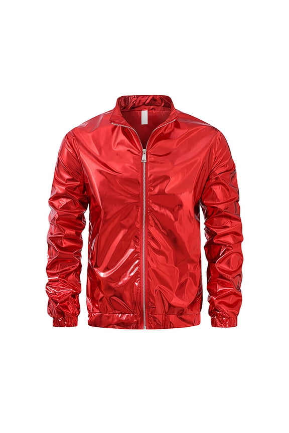 Men's Metallic Jacket 70s Disco Party Varsity Jacket Zip-up Baseball Bomber Solid Color Stand Collar Stage Performance Jacket Red L