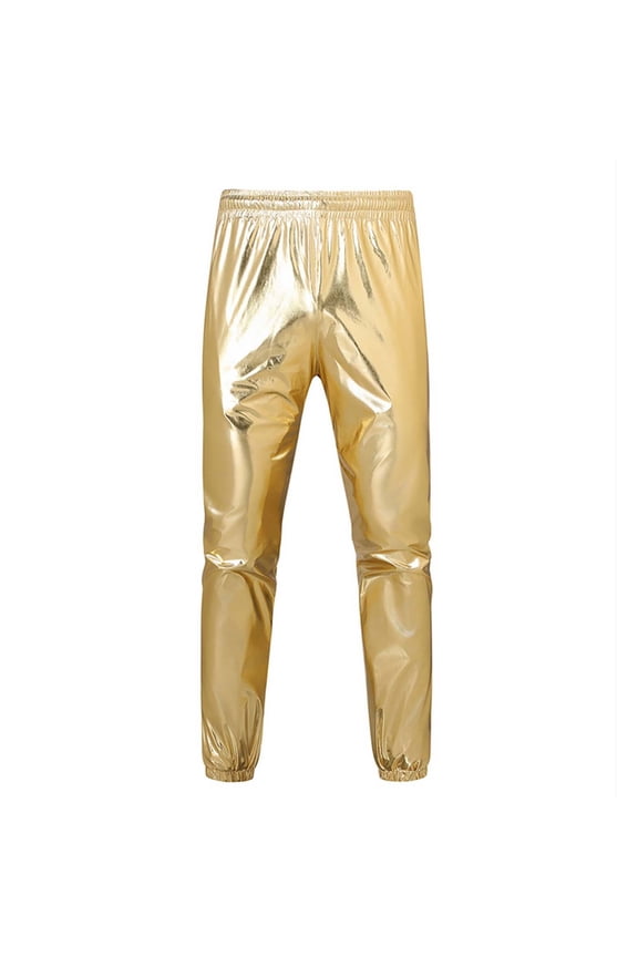 Men's Metallic Shiny Pants 80s Disco Pant Party Dance Straight Leg Trousers Costume Sequin Party Jogger Pants Gold L