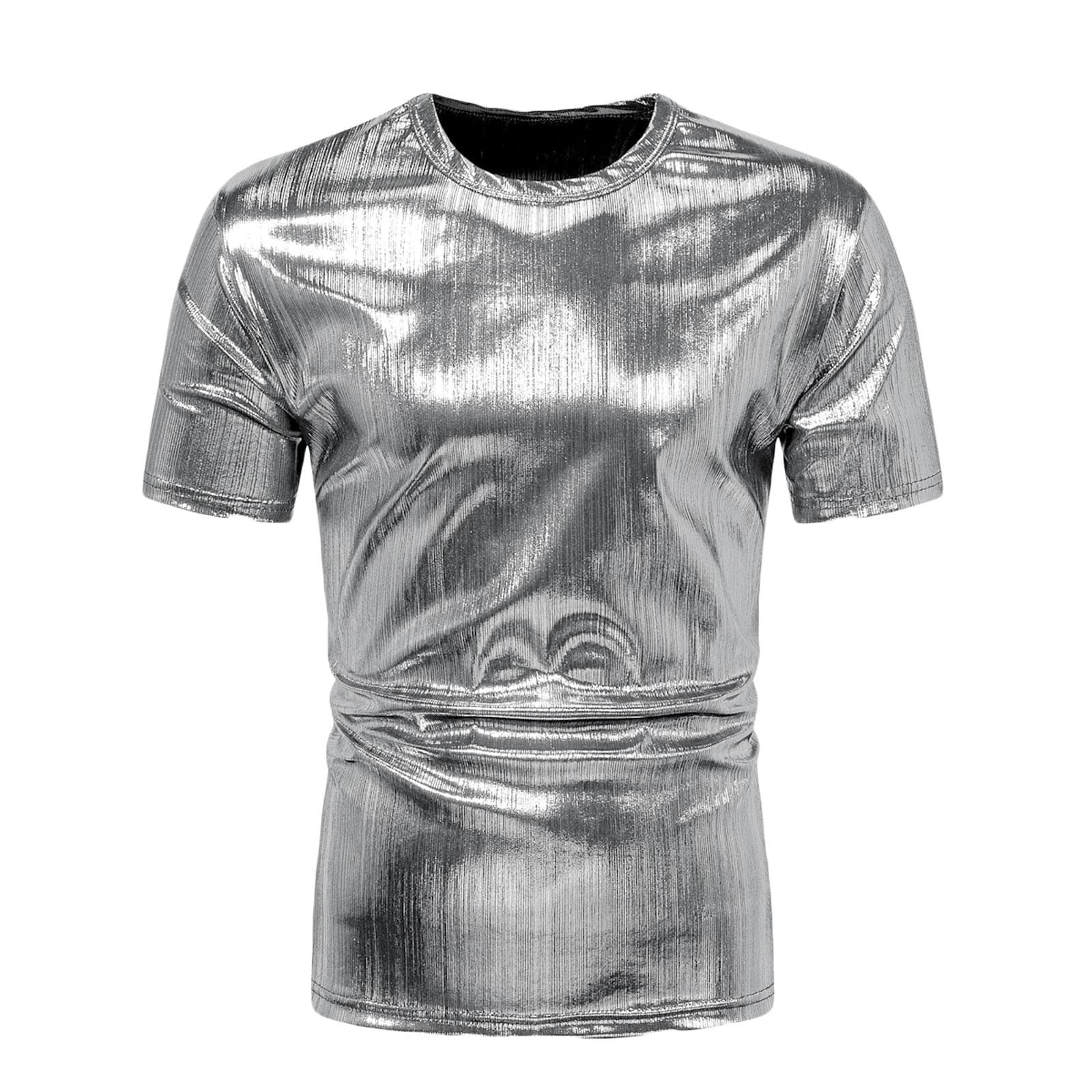 YLSDY Men's Metallic Shiny T-Shirt Crew Neck Short Sleeve