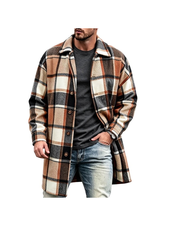 Men's Mid‑Length Plaid Shacket Point Collar Button Front Loose Fit Outer Coat Side Pockets for Fall Winter Casual Street Outfits Dark Blue XXL