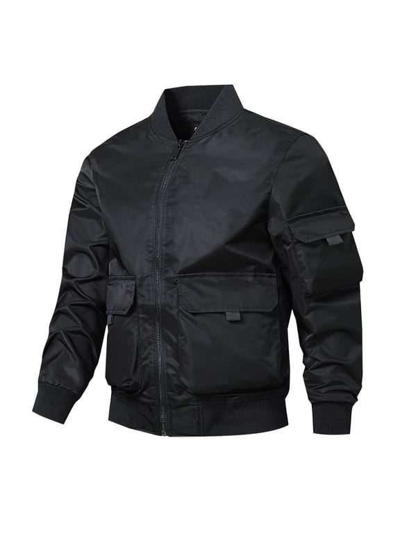 Men's Military Flight Bomber Jacket Stand Collar Long Sleeve Bomber Jackets Zip Up Windproof Outwear with Pockets Black M