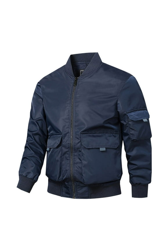 Men's Military Flight Bomber Jacket Stand Collar Long Sleeve Bomber Jackets Zip Up Windproof Outwear with Pockets Dark Blue L