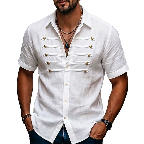 YLSDY Men's Military Style Linen-Blend Shirt, Double Breasted Gold Buttons, Short Sleeve Button-Down Casual Top White S