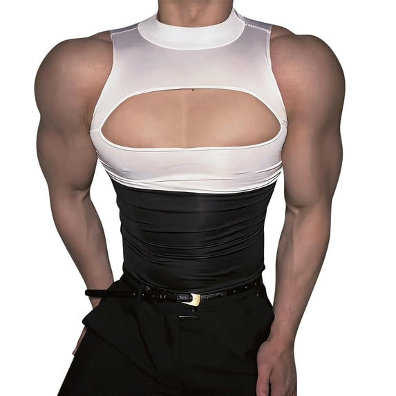 YLSDY Men's Mock Neck Cutout Sleeveless Tank, Form-Fitting Two-Tone Design for Club and Party Wear Black Free Size