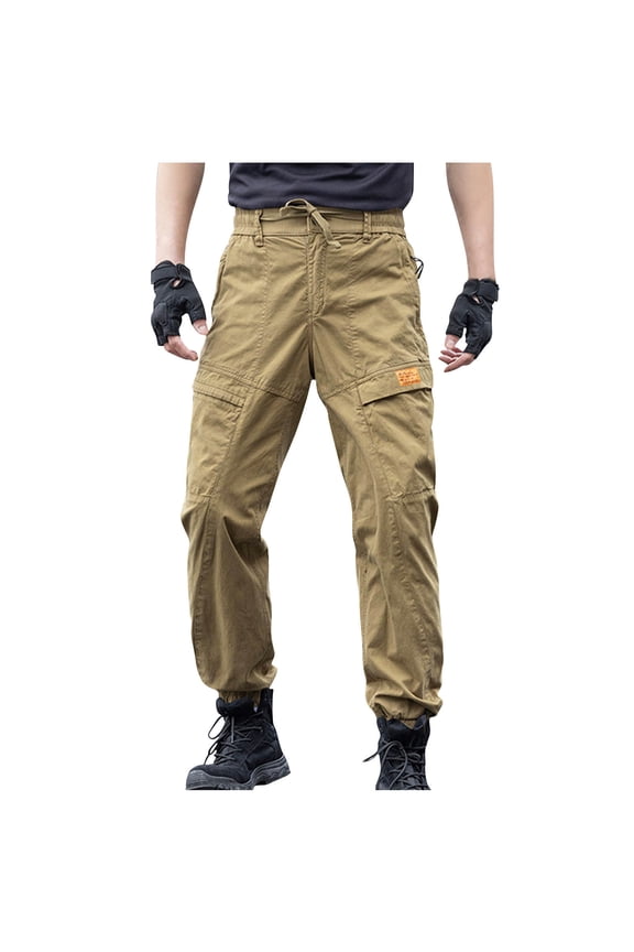 Men's Multi-Pocket Outdoor Jogger Pants, Elastic Waist Drawstring, Rugged Streetwear & Hiking Trousers Khaki M