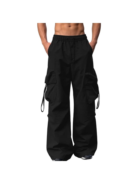 Men's Multi-Pocket Oversized Cargo Pants, Elastic Waist Drawstring, Wide Leg Streetwear Outdoor Trousers Black M