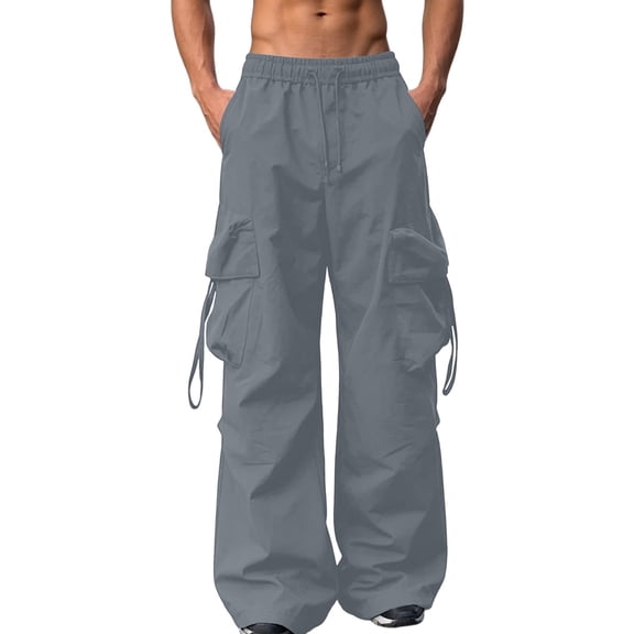 YLSDY Men's Multi-Pocket Oversized Cargo Pants, Elastic Waist Drawstring, Wide Leg Streetwear Outdoor Trousers Dark Gray M
