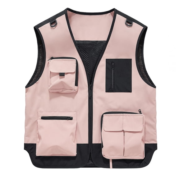 YLSDY Men's Multi-Pocket Photography Vest, Water-Resistant Outdoor Hiking Fishing Vest with Zipper Closure and V-Neck Pink M