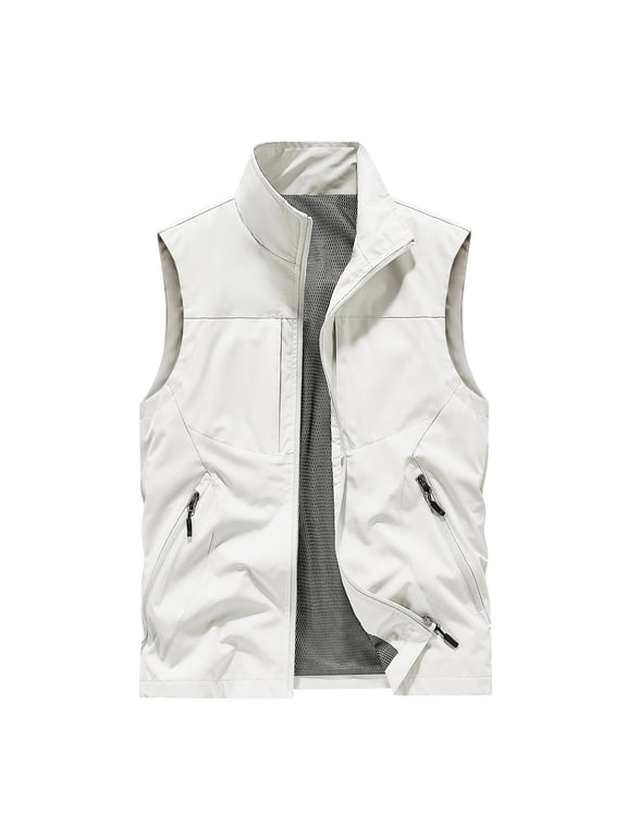 Men's Multi-Pocket Utility Vest, Lightweight Outdoor Fishing Hiking Vest with Zipper Closure and Stand Collar White XXXL
