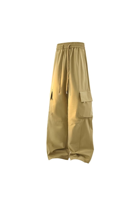 Men's Multi-Pocket Wide Leg Cargo Pants, Elastic Waist Drawstring, Rugged Streetwear Trousers for Work Khaki XXL