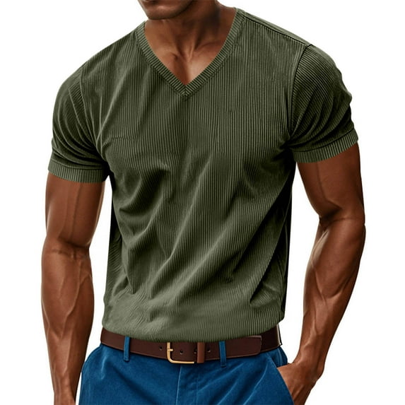 YLSDY Men's Muscle T Shirts Stretch Short Sleeve V Neck Bodybuilding Workout Tee Shirts Ribbed Knit Shirt Lightweight Comfy Tops Army Green S