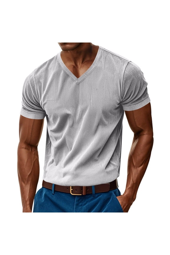 Men's Muscle T Shirts Stretch Short Sleeve V Neck Bodybuilding Workout Tee Shirts Ribbed Knit Shirt Lightweight Comfy Tops Gray S