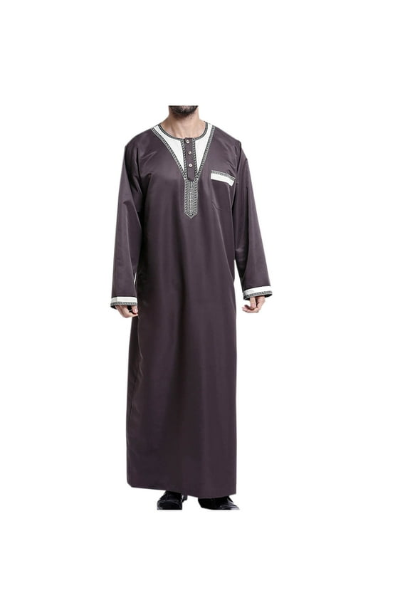 Men's Muslim Jubba Thobe Long Sleeve Kaftan Islamic Clothing Abaya Dubai Saudi Pakistan Arab Coffee XXXL