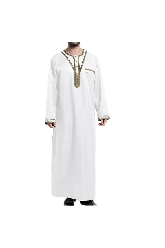 Men's Muslim Jubba Thobe Long Sleeve Kaftan Islamic Clothing Abaya Dubai Saudi Pakistan Arab White L