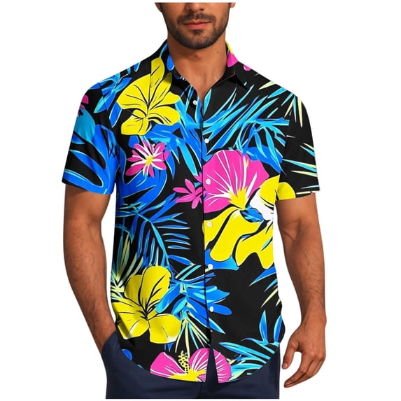 YLSDY Men's Neon Hibiscus Print Hawaiian Shirt, Bright Floral Pattern on Black, Short Sleeve Button-Down Casual Top Blue XXXXL