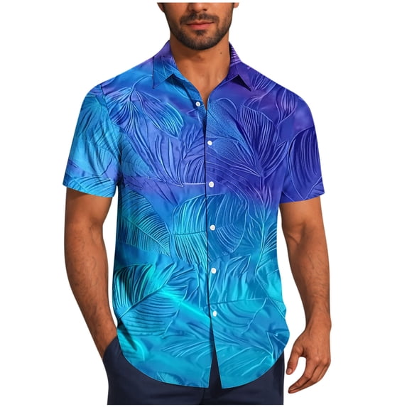 YLSDY Men's Ombre Blue Leaf Print Hawaiian Shirt, Gradient Tropical Pattern, Short Sleeve Button-Down Casual Top Blue XXL