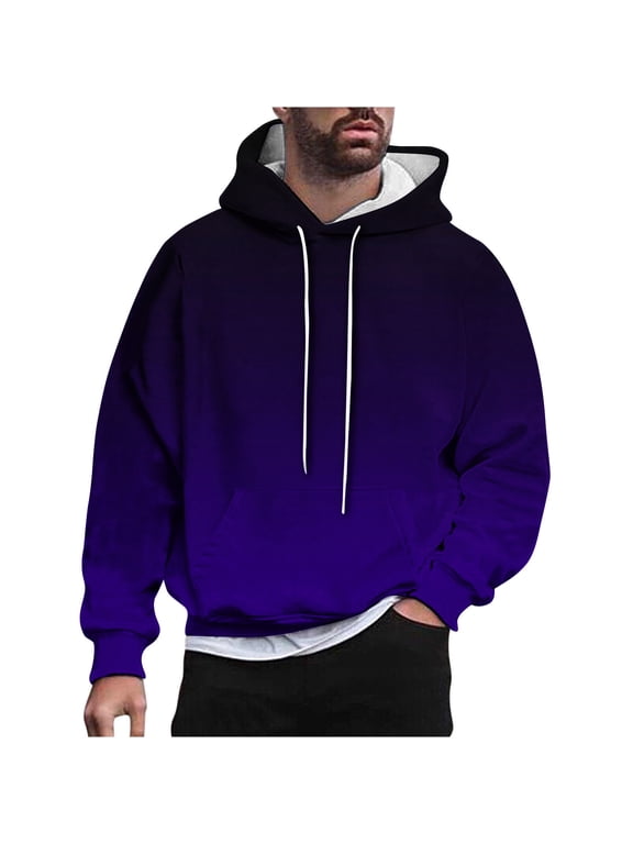 Men's Ombre Hoodie Long Sleeve Pullover Sweatshirt Gradient Color Hooded Tops Blue XXXXL
