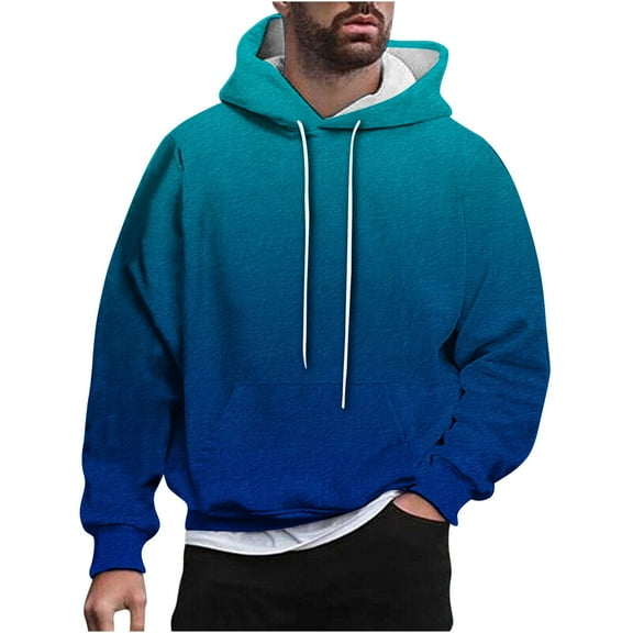 YLSDY Men's Ombre Hoodie Long Sleeve Pullover Sweatshirt Gradient Color Hooded Tops Light Blue XXL