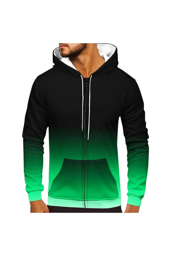 Men's Ombre Hoodie Zipper Up Long Sleeve Sweatshirt Gradient Color Pullover Tops Green XXXL