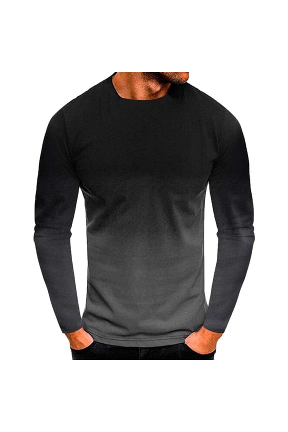 Men's Ombre Long Sleeve T-Shirt Crew Neck Gradient Print Slim Fit Tops Polyester Breathable Soft Comfortable Daily Wear Large Dark Gray XL