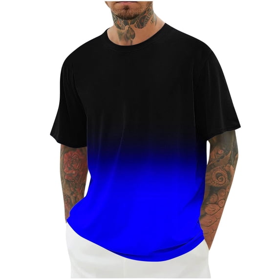 YLSDY Men's Ombre T-Shirt Short Sleeve Crew Neck Gradient Color Tops Summer Loose Fit Breathable Tees Basic Daily Wear Fashion Street Blue XXL