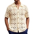 thumbnail image 1 of YLSDY Men's Openwork Crochet Camp Collar Shirt, Allover Floral Medallion Pattern, Short Sleeve Button-Down Summer Top Beige M, 1 of 6
