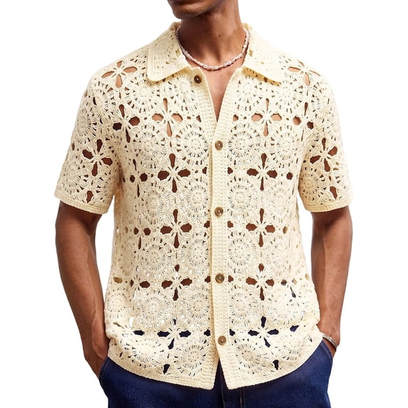 YLSDY Men's Openwork Crochet Camp Collar Shirt, Allover Floral Medallion Pattern, Short Sleeve Button-Down Summer Top Beige M