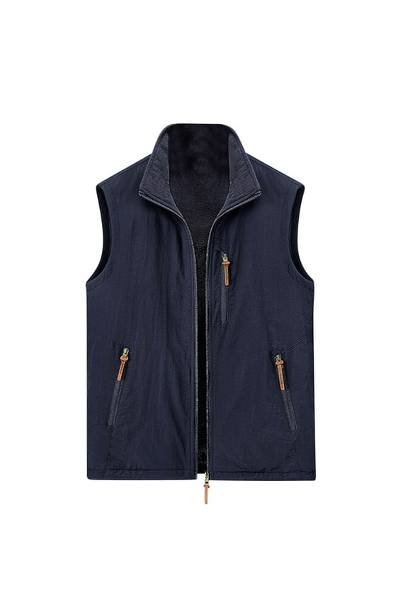 Men's Outdoor Stand Collar Fleece Vest Warm Sleeveless Gilet Zipper Pockets Fishing Travel Photographer Waistcoat Blue XXXXXL