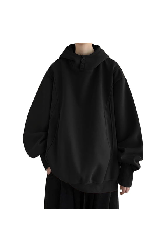 Men's Oversized Hoodie Button Up Loose Fit Sweatshirt Long Sleeve Pullover Tops Black XL