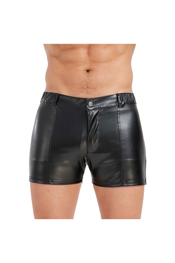 Men's PU Leather Shorts Elastic Waist Shorts Rave Hot Short Pants with Pockets Casual Streetwear Clubwear Black XXL