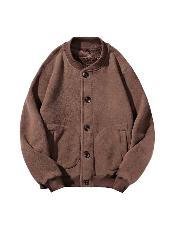 Men's Padded Warm Baseball Jacket Slim Fit Thickened Fleece Turn-Down Collar Zipper Closure Sporty Flight Coat Coffee L