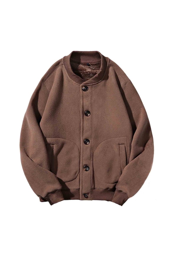 Men's Padded Warm Baseball Jacket Slim Fit Thickened Fleece Turn-Down Collar Zipper Closure Sporty Flight Coat Coffee XXXL