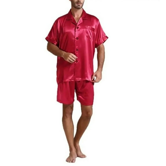 YLSDY Men's Pajamas Sets 2Pc Silk Satin Soft Shorts Short Sleeve Tops Lounge Sleepwear Button Down Comfortable Pjs Loungewear Red 10