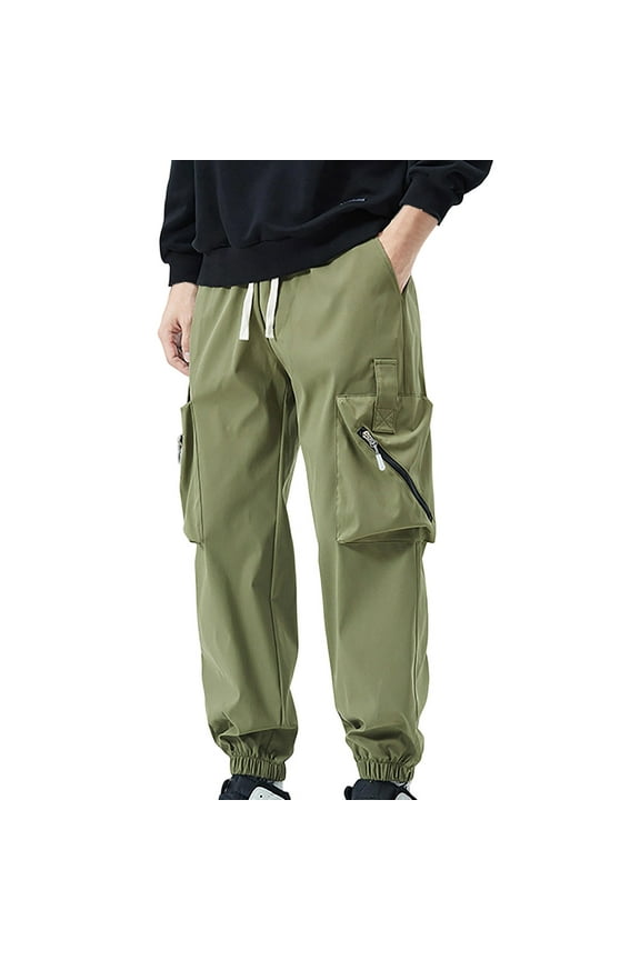 Men's Parachute Cargo Pants Baggy Harem Drawstring Hip Hop Trendy Casual with Zipper Pockets Loose Fit Army Green XL