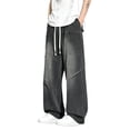 thumbnail image 1 of YLSDY Men's Patch Pocket Wide Leg Jeans, Elastic Waist Drawstring, Classic Loose Fit Denim Pants for Casual Wear Black L, 1 of 7