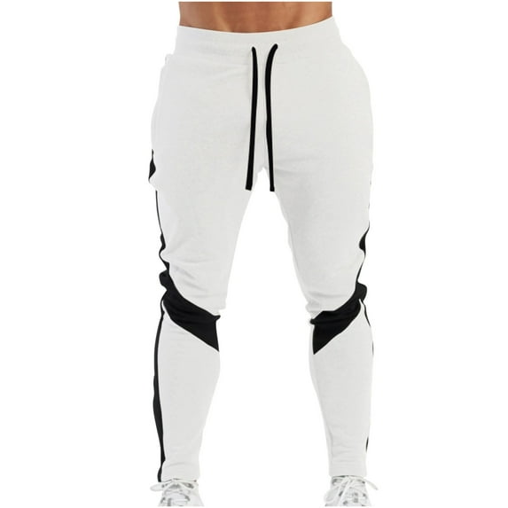 YLSDY Men's Patchwork Straight Leg Long Pants Drawstring Sweatpants with Side Stripe Plain Activewear Jogger Pants Skinny Fit Workout Trousers White XXL