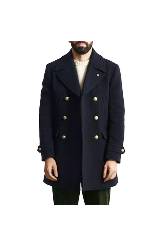 Men's Peacoat Double Breasted Wool Overcoat Warm Winter Jacket Military Pea Coat Gold Buttons Long Sleeve Warm Classic Thick Coat Navy L