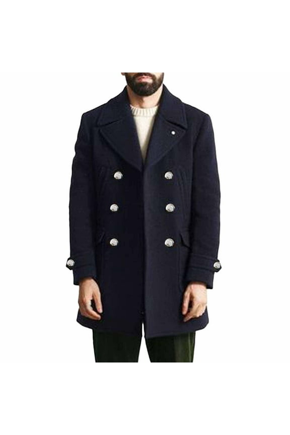 Men's Peacoat Double Breasted Wool Overcoat Warm Winter Jacket Military Pea Coat Gold Buttons Long Sleeve Warm Classic Thick Coat Navy L