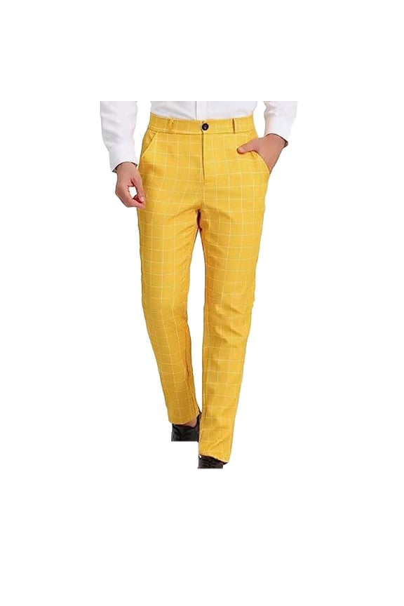 Men's Plaid Dress Pants Skinny Flat Front Lightweight Tapered Trousers Slim Fit Stretch Slacks Slim Fit Casual Office Work Business Trousers Yellow S