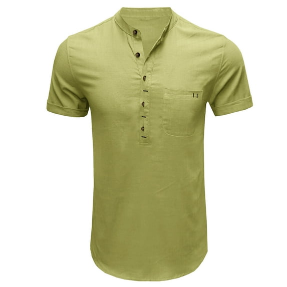 YLSDY Men's Plain Yoga Sport Blouses Short Sleeve Pullover T-Shirts Mandarin Collar Drawstring Neck Shirts Slim Fit Athletic Bodybuilding Sport Tees Cotton Linen Henley Blouses Green L