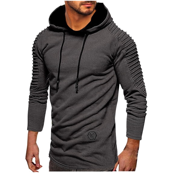 YLSDY Men's Pleated Sweatshirts Long Sleeve Pullover Hoodie with Adjustable Drawstring Slim Fit Solid Color Sweatshirt Gray XXL
