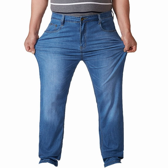 YLSDY Men's Plus Size Baggy Loose Fit Jeans Distressed Denim Jeans Relaxed Fit Straight Leg Jeans Soft Stretch Denim Jeans with Deep Pockets Blue XXXL