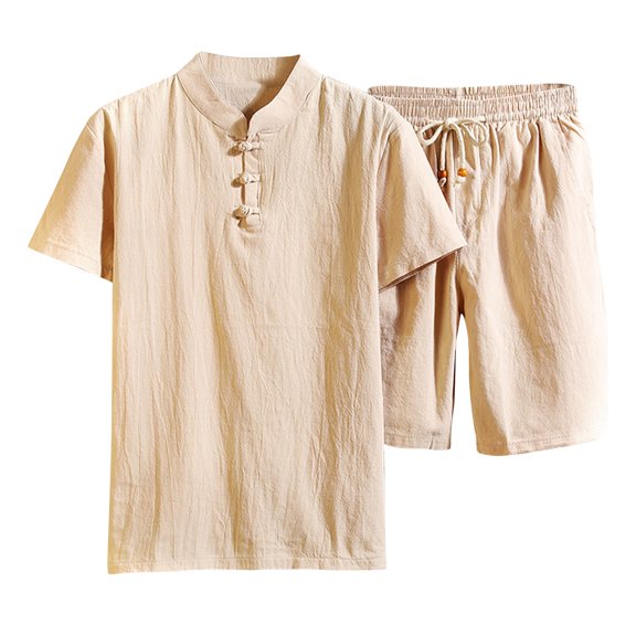 YLSDY Men's Plus Size Solid Linen Cotton 2-Piece Set Breathable Beach Yoga Shorts & Buttons Lapel Tshirt Outfit for Summer Khaki 18