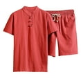 thumbnail image 1 of YLSDY Men's Plus Size Solid Linen Cotton 2-Piece Set Breathable Beach Yoga Shorts & Buttons Lapel Tshirt Outfit for Summer Wine 10, 1 of 1