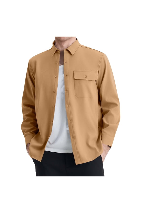 Men's Polar Fleece Shacket Long Sleeve Casual Button Down Shirt Jacket with Pockets Turndown Collar Coat Khaki M