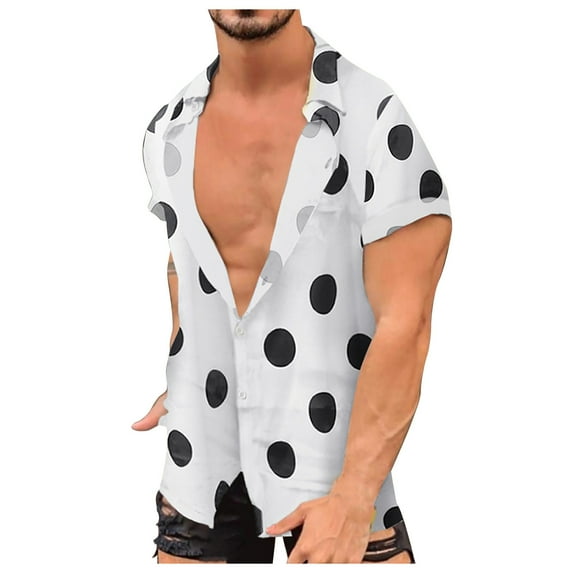YLSDY Men's Polka Dot Print T-Shirts Short Sleeve Button Down Tops Contrasting Color Lapel Tees Regular Fit Outdoor Sport Breathable Lightweight Blouses White S